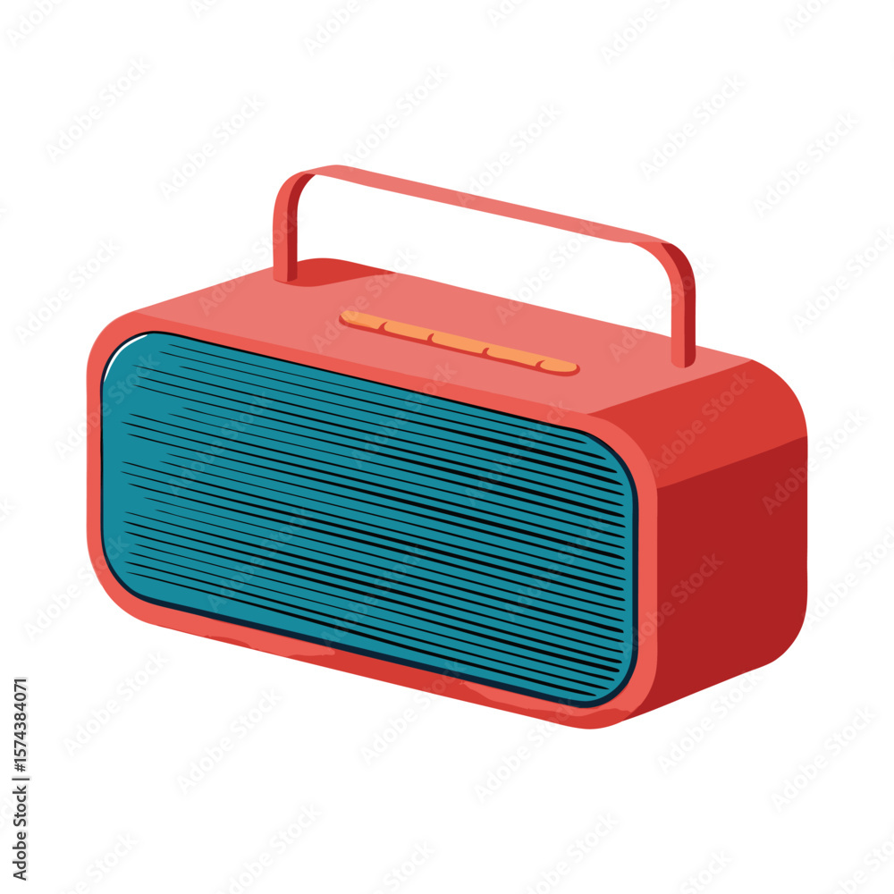 Fototapeta premium Modern red portable bluetooth speaker with teal speaker grill and handle