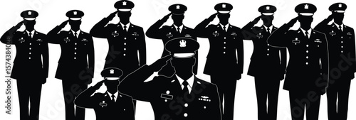 Military salute vector illustration, soldiers in uniform, black silhouette art, honor and discipline, teamwork, patriotism, armed forces ceremony, respectful tribute concept