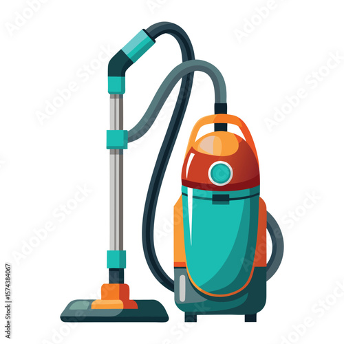 Modern cylinder vacuum cleaner with hose and floor head on white background