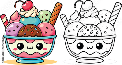Cute Ice Cream Sundae with Chocolate Scoop and Toppings Kawaii Dessert Vector Illustration for World Chocolate Day, Summer Sweet Treat, Cartoon Food Art, and Fun Kids Menu Clipart Des