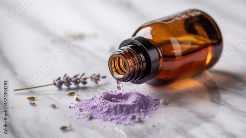 Wallpaper Mural Amber bottle dripping liquid onto purple powder with lavender on a marble surface in a close up view Torontodigital.ca