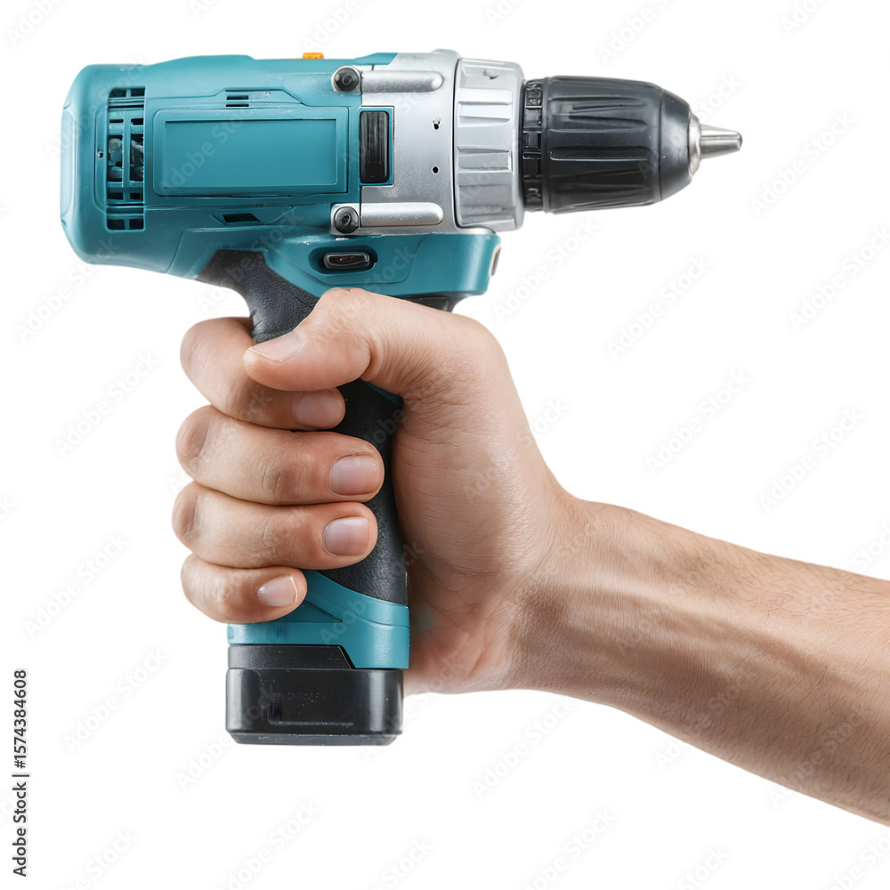 Close-up of a person holding a cordless drill, preparing for home improvement in a workshop setting Close-up of a person holding a cordless drill, preparing for home improvement in a workshop setting