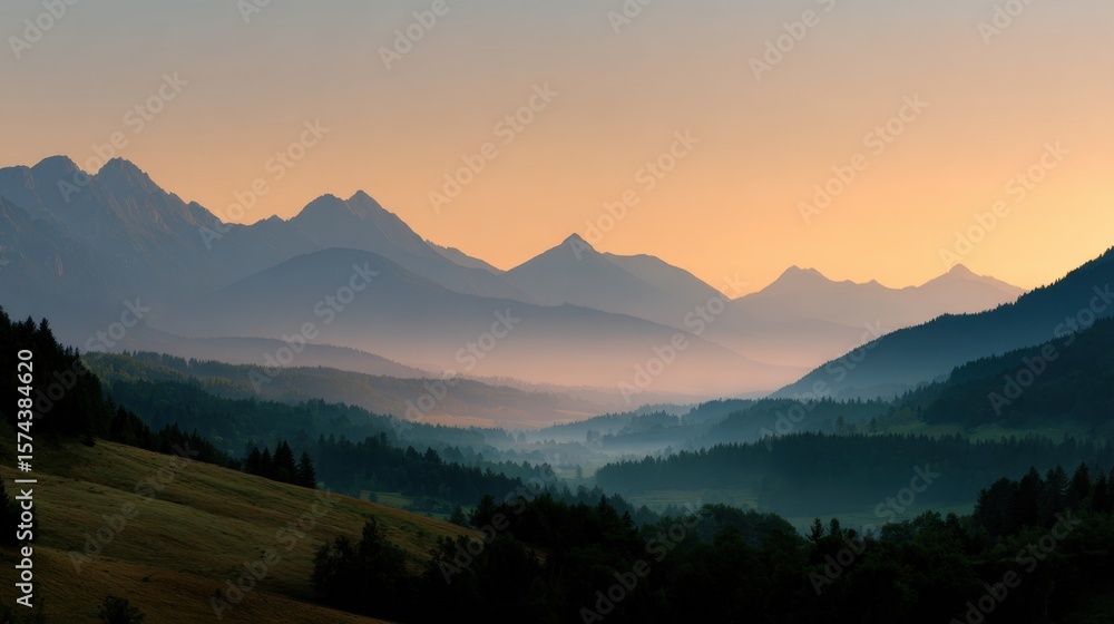 Fototapeta premium Serene sunset view over mountain range nature landscape tranquil environment panoramic perspective