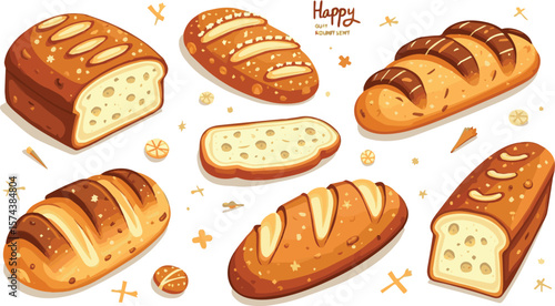 Create a kinds of deferent Bread hand drawn set vector art with white background.