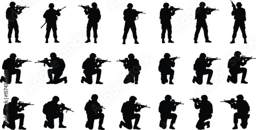 Military combat posture silhouettes, soldiers standing kneeling crouching, tactical rifle poses, war training vector set, black armed forces graphic, battlefield discipline
