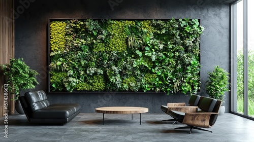 Contemporary living room with a stylish vertical garden.