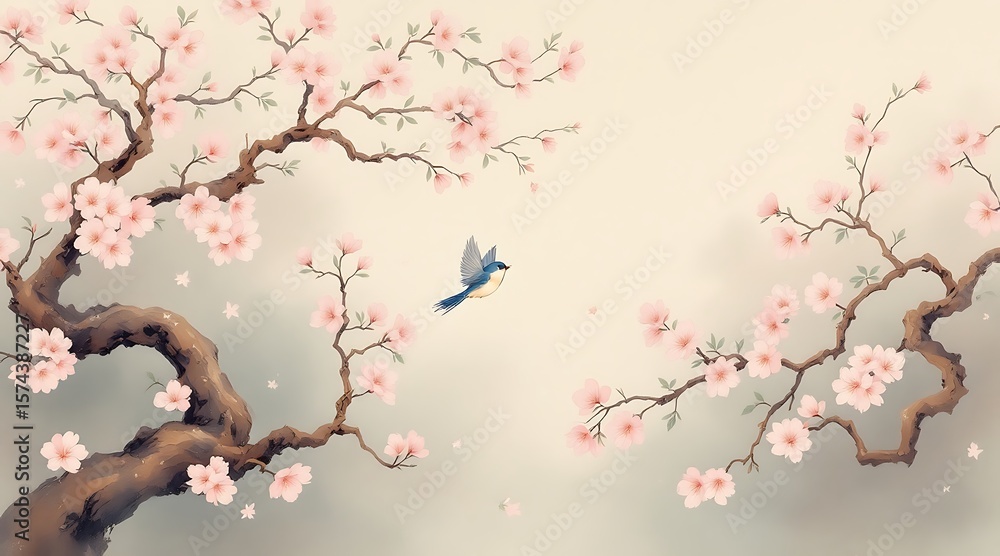 Naklejka premium Pink Japanese cherry blossom flowers bloom on a tree branch, creating a beautiful spring floral design