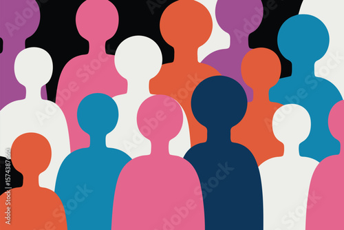 Colorful Crowd Abstract Illustration of Diverse People, Community Representation, Social Group, and силуэт figures