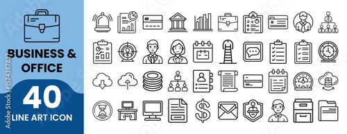 Business office icons briefcase chart credit card bank building graphs vector