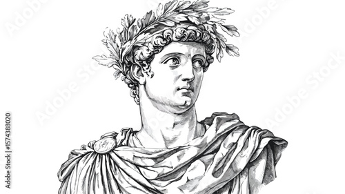 Detailed Roman Bust Engraving with Laurel Wreath: Historical Artwork for Design Projects