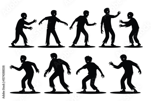 Eight Black Zombie Silhouettes Walking Aggressively Together on White Background, Arms Outstretched, Perfect for Halloween Designs