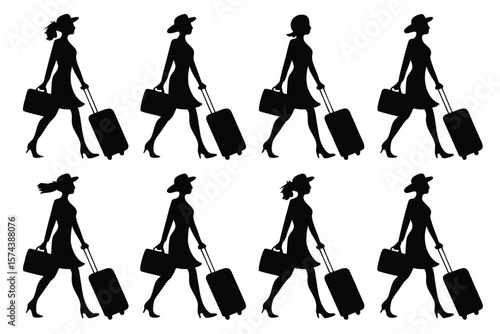 Eight Silhouette Women Travelers Pulling Luggage and Carrying Handbags, Isolated on a White Background