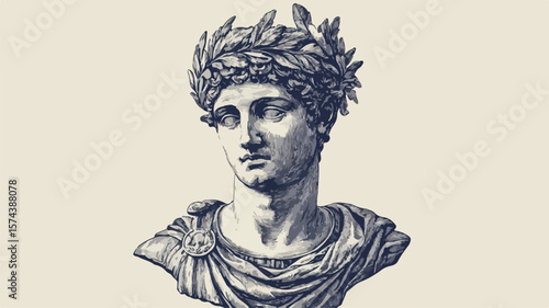 Detailed Roman Bust Engraving with Laurel Wreath: Historical Artwork for Design Projects