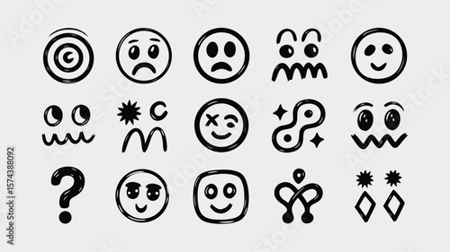 Fifteen Black and White HandDrawn Emoji Icons Including Happy, Sad, Question, and Geometric Shapes