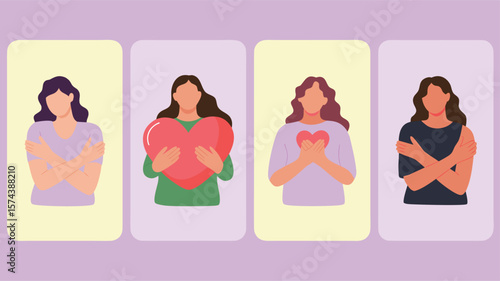 Flat Illustration of Four Women Embracing and Holding Hearts, Promoting SelfLove and Care