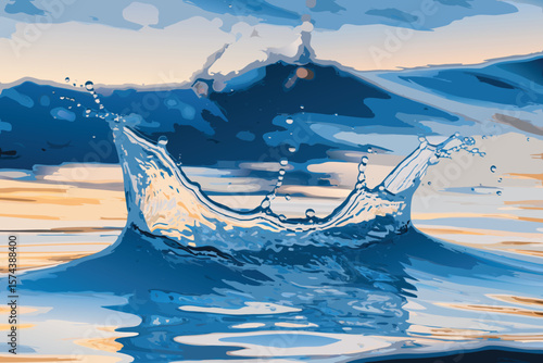 Illustration of a Water Drop Impacting a Body of Water with Mountain Backdrop