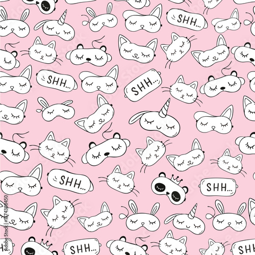 Hand-drawn doodle seamless pattern of cute sleep masks (cat, unicorn, bunny) and "SHH..." text on pink. Ideal for sleepwear, kids' room decor, or beauty packaging. Super cute