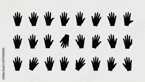 Many Black Hand Silhouettes Arrayed on Light Gray Background, With One Hand at an Angle