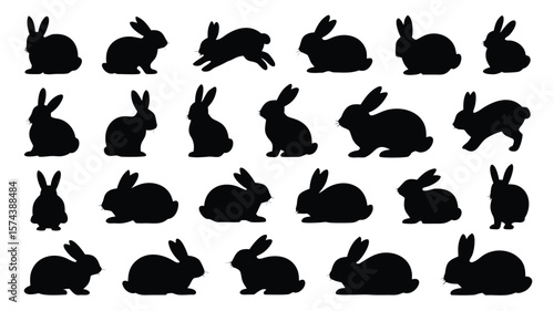 Many Black Silhouette Rabbits in Various Poses Isolated on a White Background, Full View