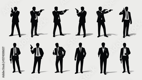 Silhouette Array of Men in Suits Spies, Bodyguards, Security, Bowtie and Handgun Poses
