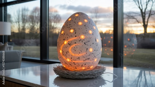 Wallpaper Mural Illuminated speckled egg shaped lamp sitting on a nest by a window at sunset in a modern home Torontodigital.ca