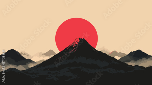 Japanese Abstract Poster with Mountain Above Red Sun
