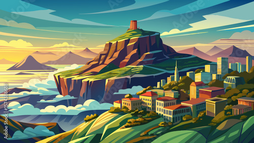 Table Mountain, South Africa – Flat summit overlooks Cape Town, rocky cliffs framing city below. Low clouds drift past, blending urban edge with natural monument.