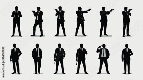 Silhouetted Figures Businessmen in Suits with Handguns Pointing, Saluting, and Standing Still