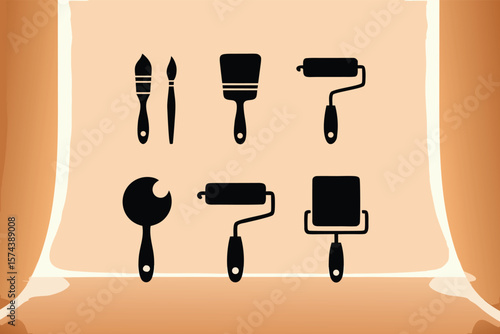 Simple Black Silhouette Set of Painting Tools Brushes, Putty Knife, and Rollers
