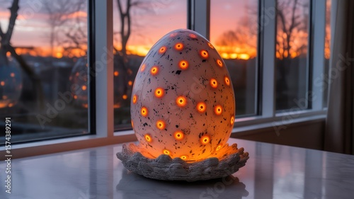 Wallpaper Mural Illuminated egg shaped lamp with orange lights on a white table near a window at sunset scene outside Torontodigital.ca