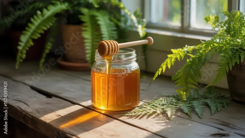 Wallpaper Mural A jar of honey with a dipper on a wooden surface next to ferns in front of a window indoors Torontodigital.ca