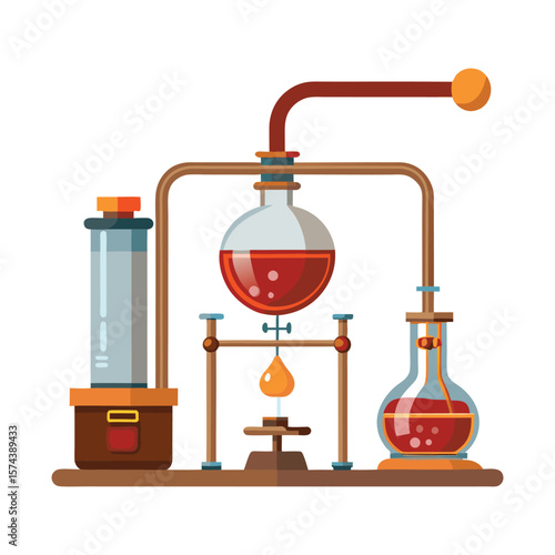 Vintage laboratory distillation apparatus with red liquid in glass flasks