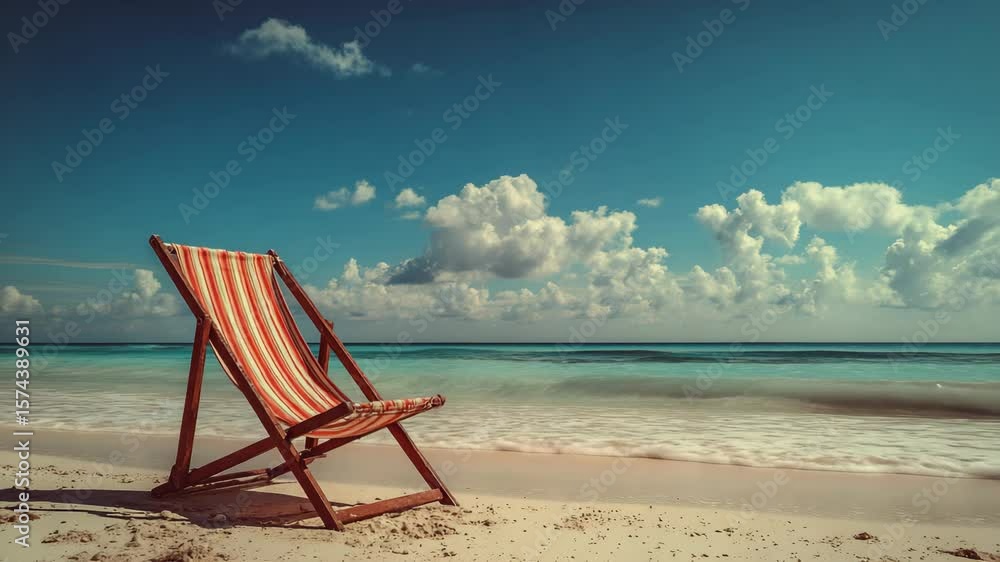 Relaxing beach chair by tranquil ocean waves under blue sky Relaxing beach chair by tranquil ocean waves under blue sky