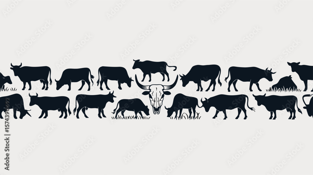 Fototapeta premium Silhouette Illustration Cattle Herd with Horned Skull Centerpiece Against Light Beige Background