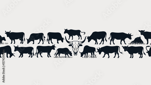 Silhouette Illustration Cattle Herd with Horned Skull Centerpiece Against Light Beige Background