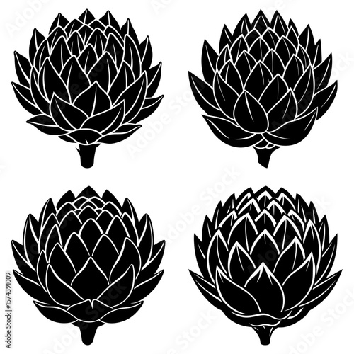Four artichoke heads in black and white with detailed petal structures arranged in a square pattern
