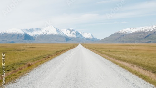 Wallpaper Mural A straight road leads to distant snow capped mountains under a bright sky in a vast open landscape Torontodigital.ca