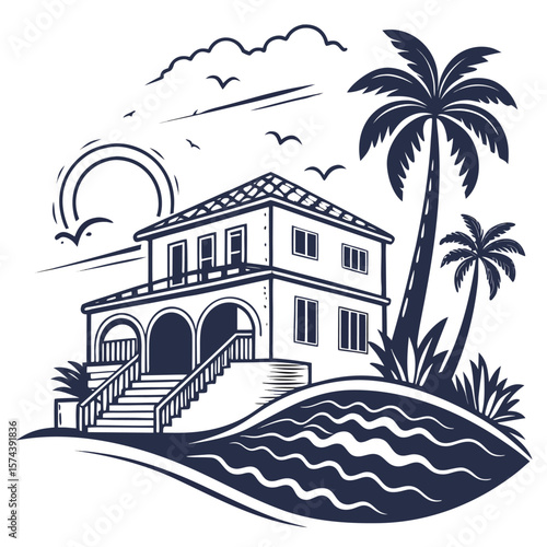 Stylish vector logo for coastal real estate showcasing modern villas, sun rays, and a harmonious blend of architecture and seaside lifestyle  