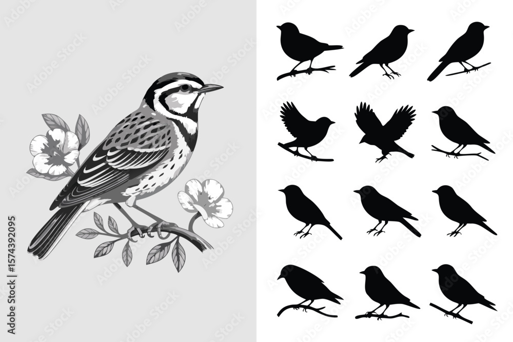 Fototapeta premium BlackandWhite Bird Illustration Detailed Sparrow on Branch with Flowers and Silhouette Birds