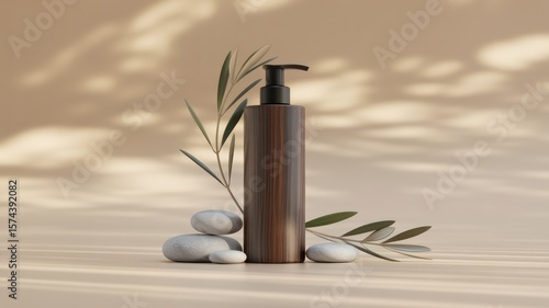 Wallpaper Mural Wooden pump bottle with leaves and stones on beige surface in front of shadow background scene setup Torontodigital.ca