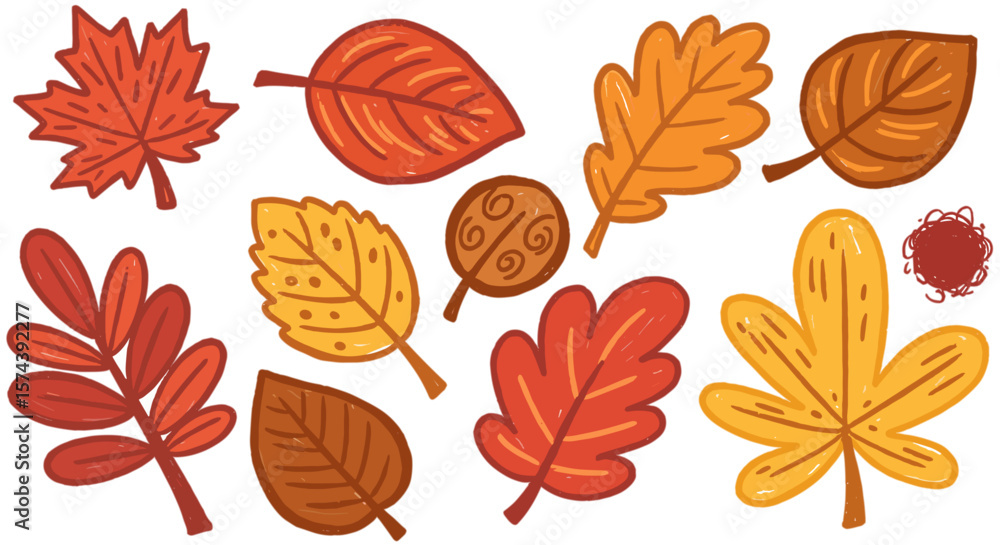 Obraz premium Vibrant and funky crayon-style decorative autumn leaves. Cute cartoon stickers featuring playful fall leaves. Bright doodle illustration with pencil texture, kid-drawn vector art on transparent png.