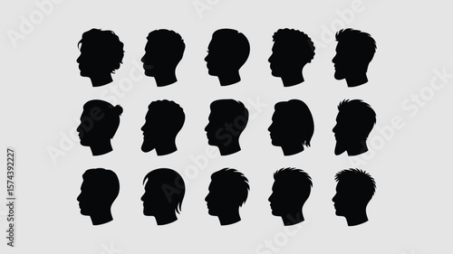 Collection of Male Head Silhouettes Diverse Hairstyles, Beard Styles, and Hair Bun Illustration