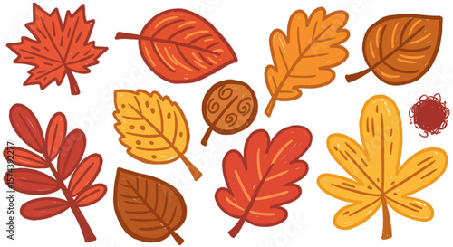 Vibrant and funky crayon-style decorative autumn leaves. Cute cartoon stickers featuring playful fall leaves. Bright doodle illustration with pencil texture, kid-drawn vector art on transparent png