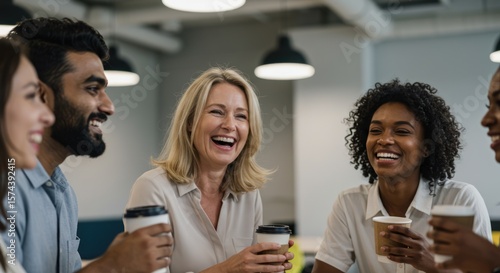 Group of Diverse Happy People Drinking Coffee in Modern Office Break Room