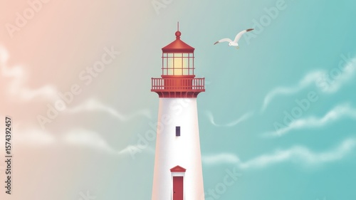 Wallpaper Mural A lighthouse stands tall with a seagull flying by on a bright day with clouds in the background Torontodigital.ca