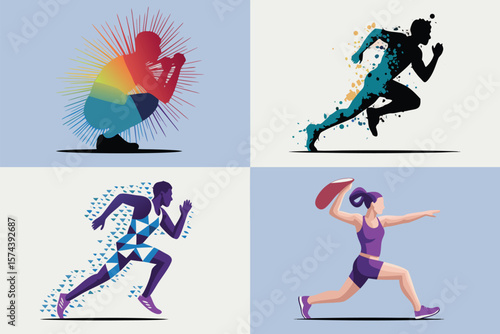 Four Quadrant Illustration Athlete Warming, Running, Sprinter, and Woman Throwing Disc with Sporty Aesthetics