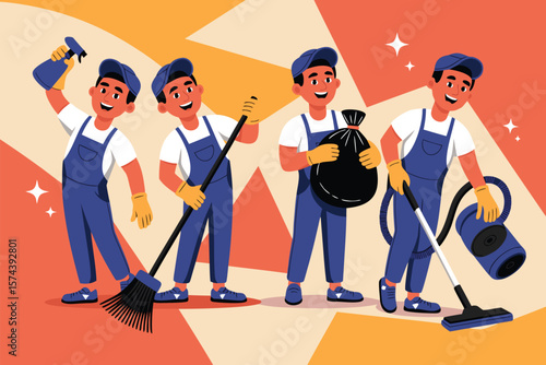 Illustration of Four Cleaning Men in Uniforms Using Broom, Vacuum, Spray Bottle, and Trash Bag