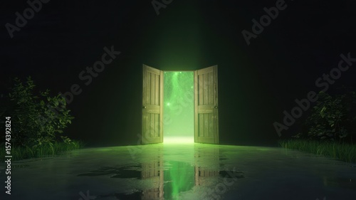 Wallpaper Mural An open door emitting green light in a dark environment with plants and a reflective surface around it Torontodigital.ca