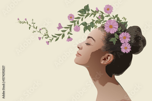 Illustration of Woman's Profile with Flowers and Greenery Adorning Hair Bun on Beige Background
