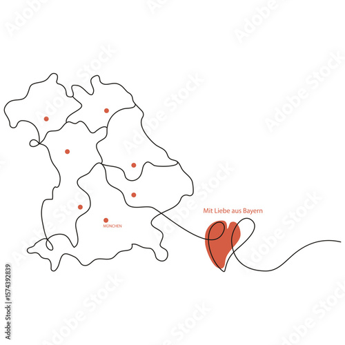 Minimalist vector line art of Bavaria map with a red heart and Munich marker. With love from Bavaria in German text. Simple black lines on white background, perfect for travel and regional designs.